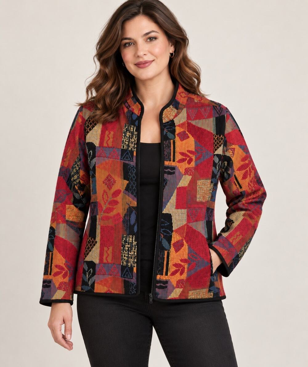 Coldwater Creek Jacket Patchwork Mix Print Tapestry 1x Zip boho artsy teacher